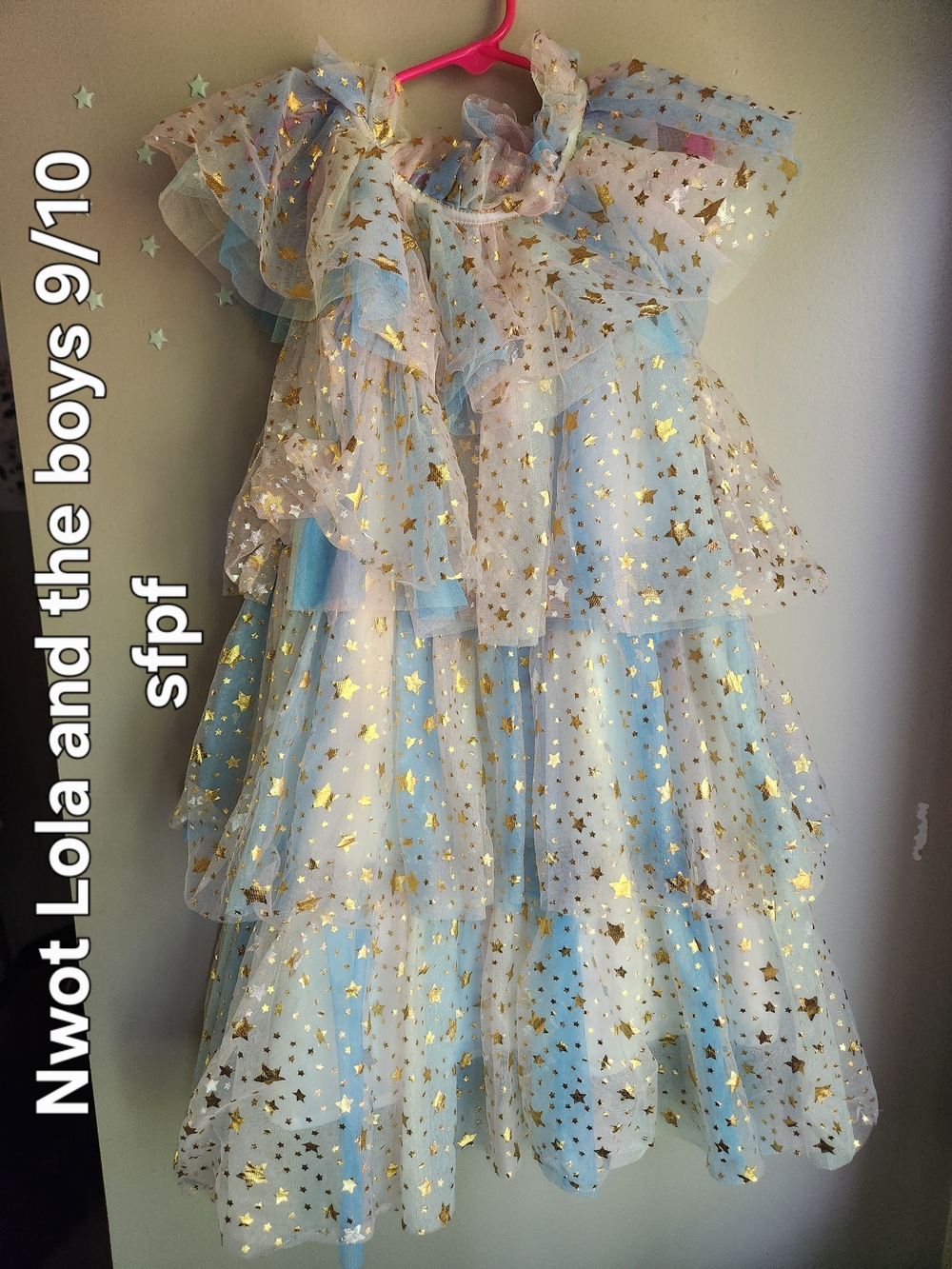 Lola + The Boys Light Blue and Gold Star Tulle Layered Dress